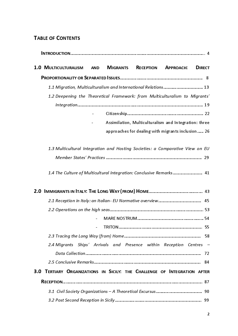 Indice della tesi: The Culture of Multicultural Integration: Tertiary Organisations' Role in Immigrants' Reception in Sicily, Pagina 1