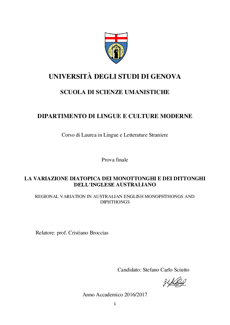 Anteprima della tesi: Variazione diatopica dei monottonghi e dei dittonghi dell'inglese australiano., Pagina 1