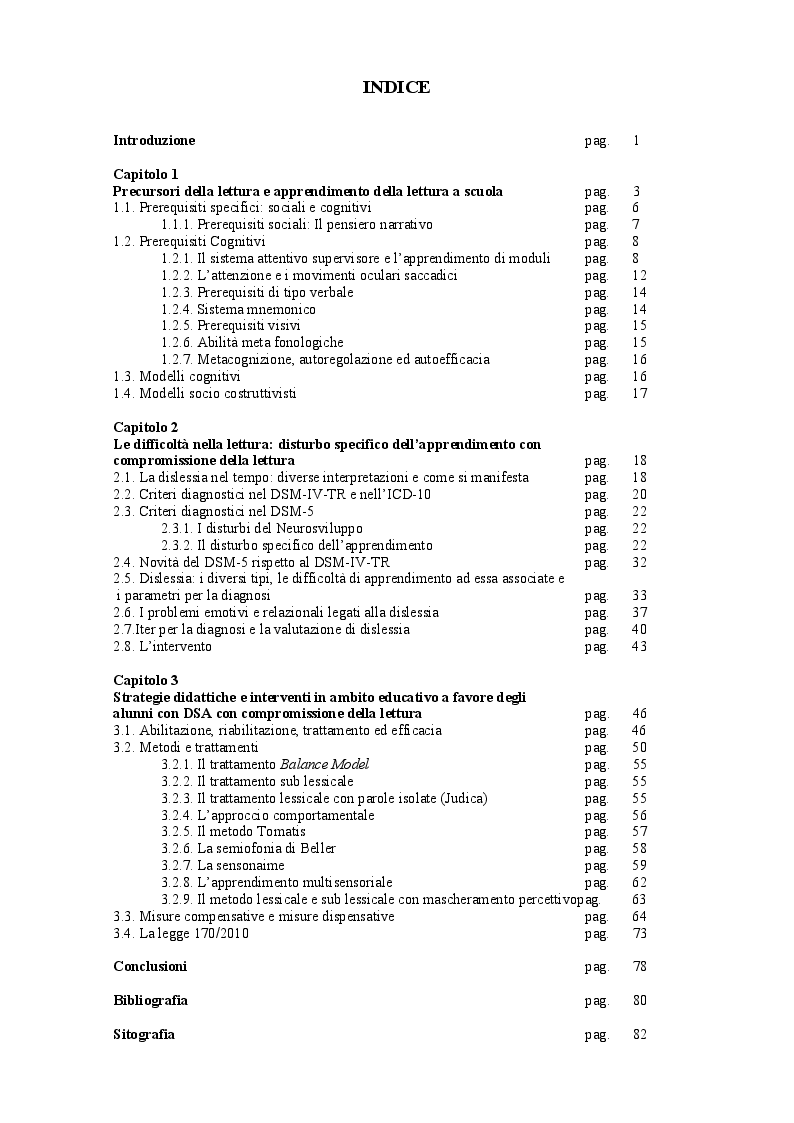 Indice della tesi: Dislessia: difficoltà, risorse e strategie per l'apprendimento, Pagina 1