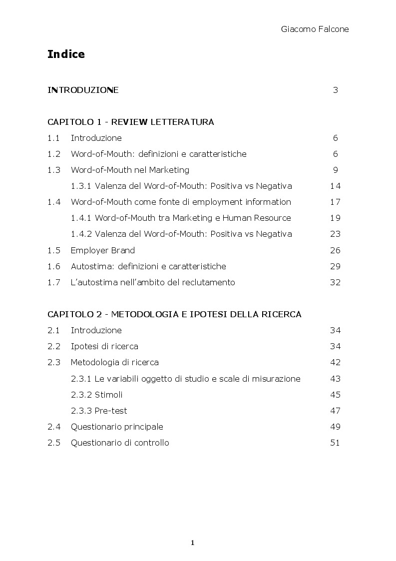 Indice della tesi: Word-of-Mouth ed Attrattività Organizzativa: valenze del messaggio, employer brand e autostima del ricevente, Pagina 1