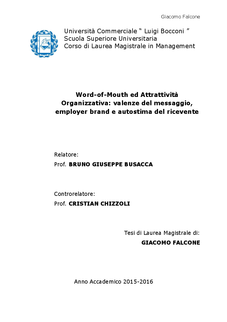Anteprima della tesi: Word-of-Mouth ed Attrattività Organizzativa: valenze del messaggio, employer brand e autostima del ricevente, Pagina 1
