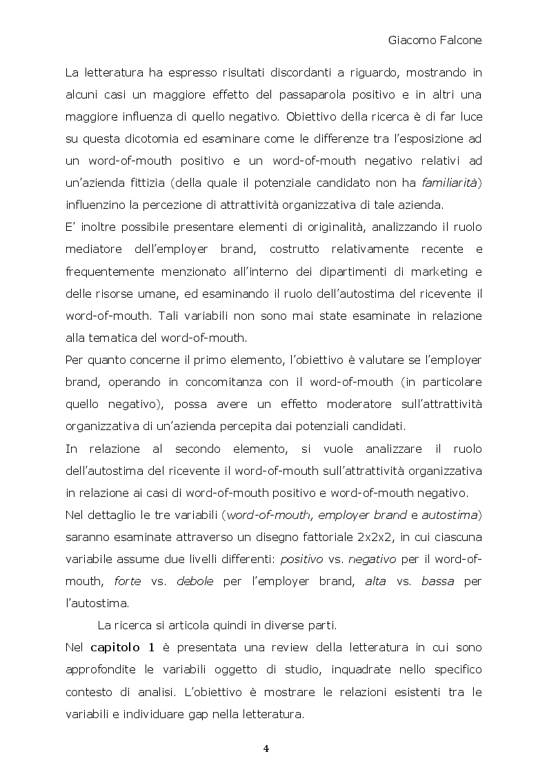 Anteprima della tesi: Word-of-Mouth ed Attrattività Organizzativa: valenze del messaggio, employer brand e autostima del ricevente, Pagina 3