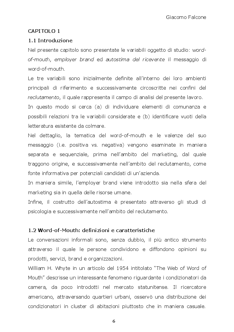 Anteprima della tesi: Word-of-Mouth ed Attrattività Organizzativa: valenze del messaggio, employer brand e autostima del ricevente, Pagina 5