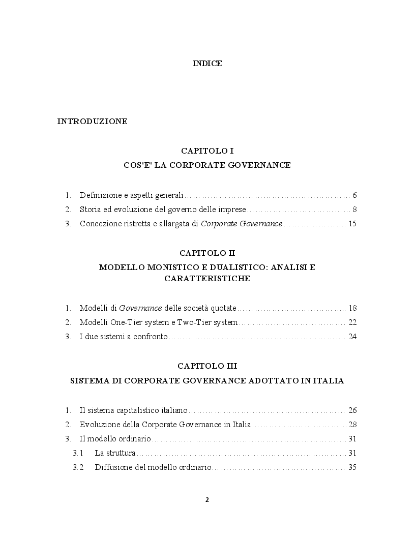 Indice della tesi: La corporate governance ed il ruolo del revisore, Pagina 1