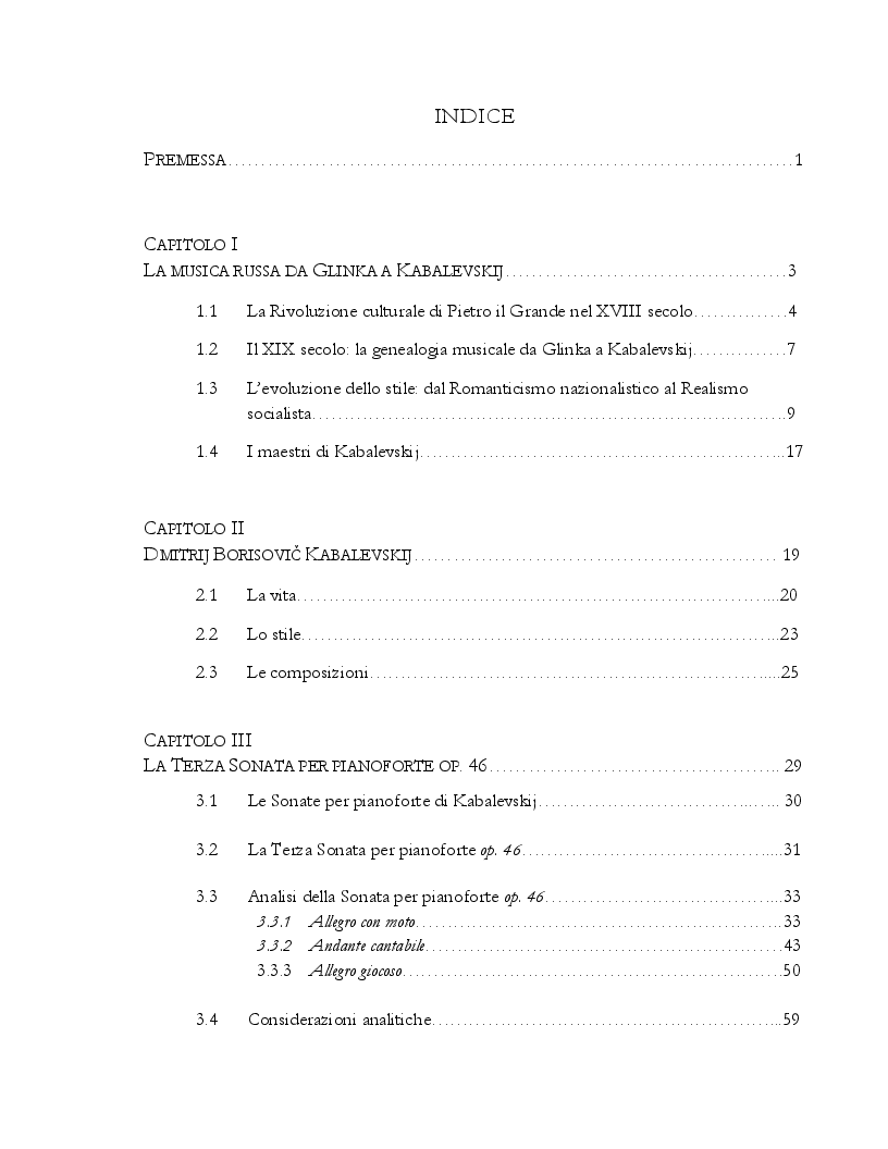 Indice della tesi: Dalla Composizione all'Interpretazione: La Terza Sonata per Pianoforte op. 46 di Dmitri Kabalevskij, Pagina 1