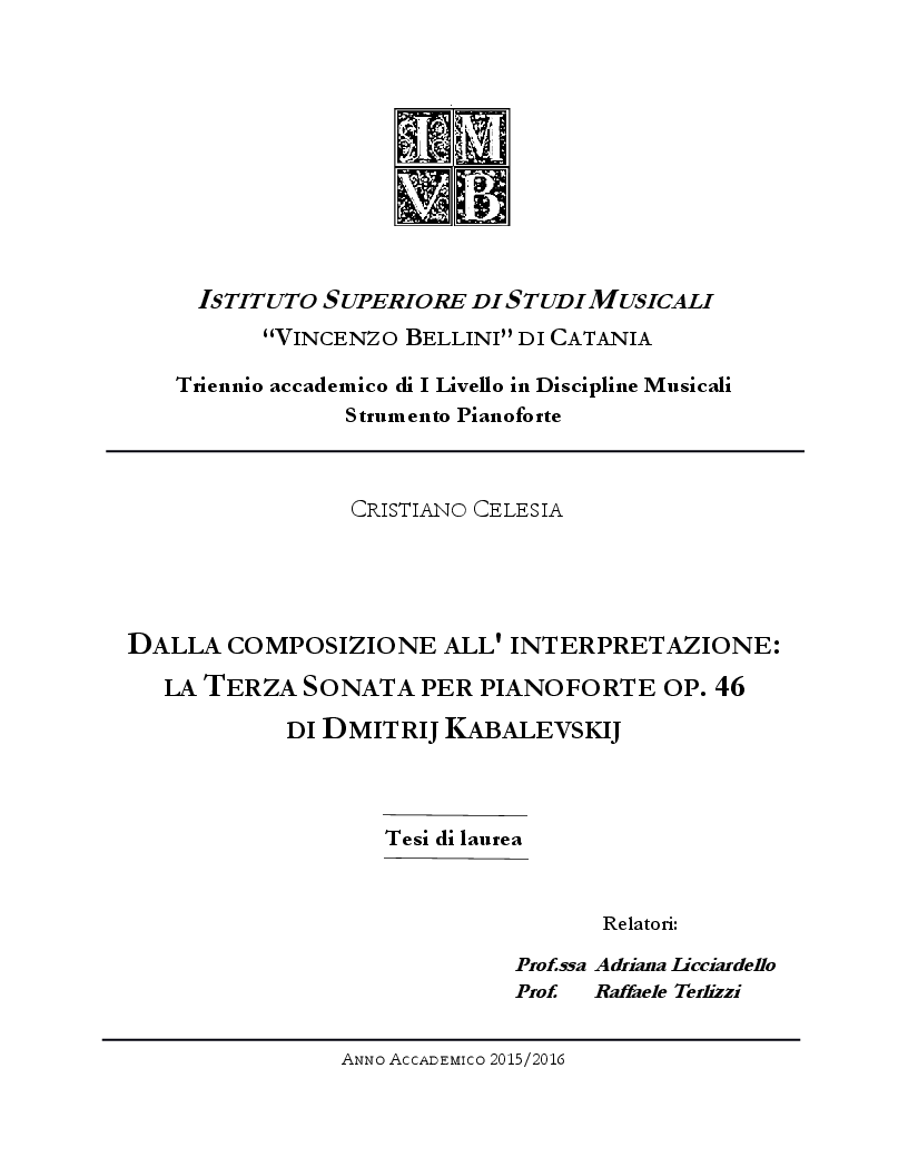 Anteprima della tesi: Dalla Composizione all'Interpretazione: La Terza Sonata per Pianoforte op. 46 di Dmitri Kabalevskij, Pagina 1