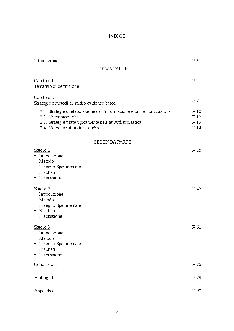 Indice della tesi: Studiare di più e meglio: un approccio evidence based per potenziare metodi e strategie di studio in allievi con Bisogni Educativi Speciali, Pagina 1