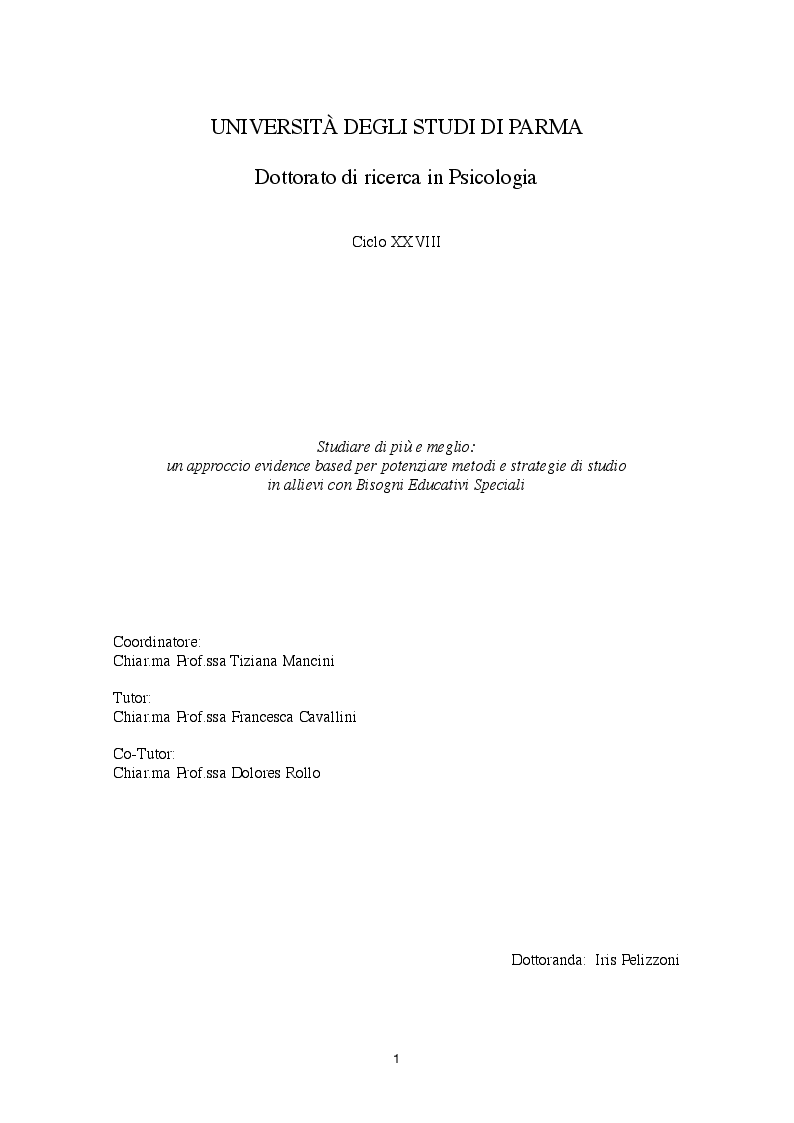 Anteprima della tesi: Studiare di più e meglio: un approccio evidence based per potenziare metodi e strategie di studio in allievi con Bisogni Educativi Speciali, Pagina 1