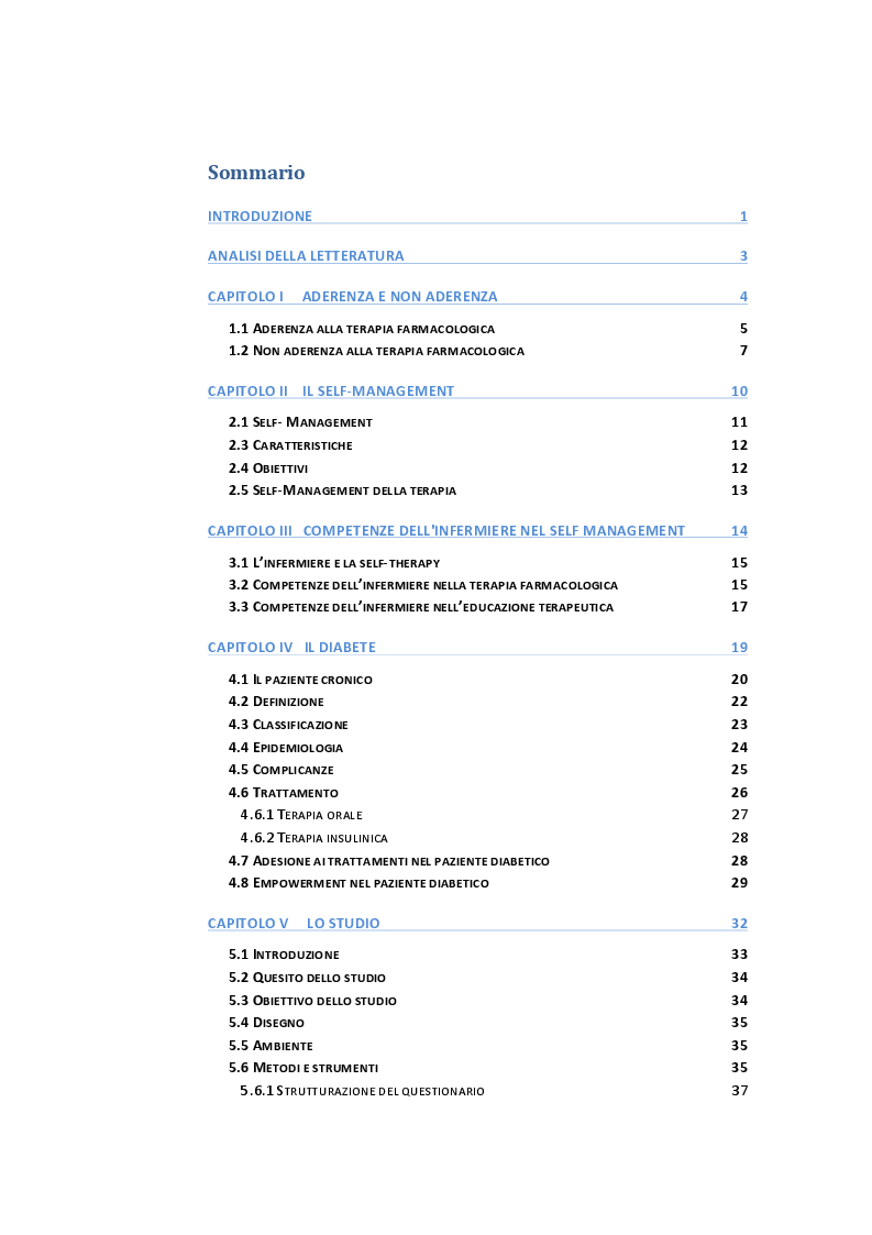 Indice della tesi: Indagine sulle mancate conoscenze e comportamenti relativi alla salute nel self-management della terapia antidiabetica, Pagina 1
