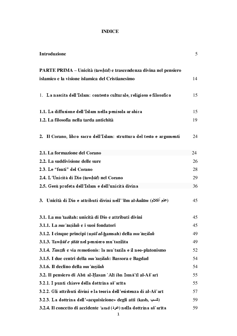 Indice della tesi: Unicità di Dio e Trinità nel pensiero islamico e cristiano: un dialogo possibile?, Pagina 1