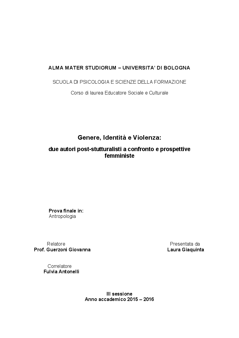 Anteprima della tesi: Genere, Identità e Violenza: due autori post-stutturalisti a confronto e prospettive femministe, Pagina 1