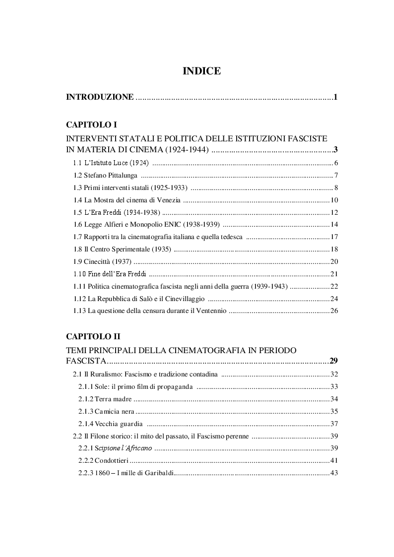 Indice della tesi: Cinema e propaganda nel Ventennio fascista, Pagina 1