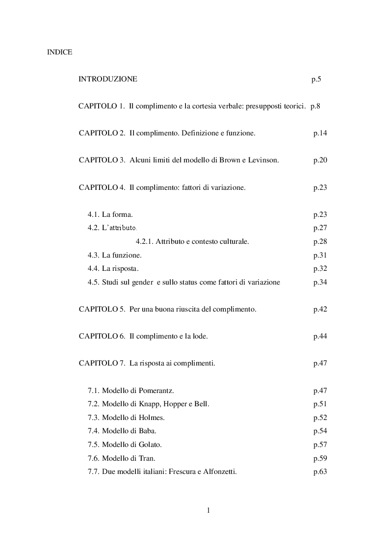 Indice della tesi: ''Mi scusi...sa che ha degli occhi bellissimi?'' La pragmatica del complimento rivolto ad estranei., Pagina 1