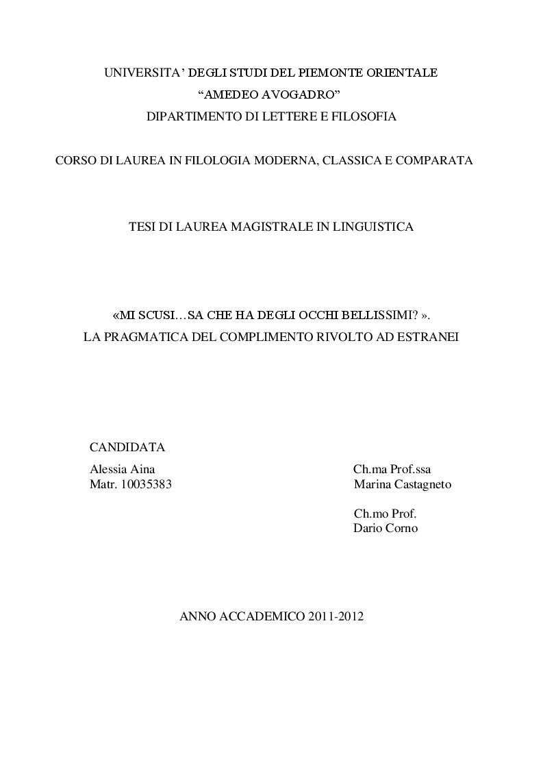 Anteprima della tesi: ''Mi scusi...sa che ha degli occhi bellissimi?'' La pragmatica del complimento rivolto ad estranei., Pagina 1