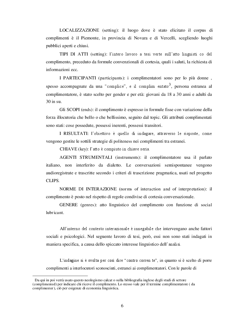Anteprima della tesi: ''Mi scusi...sa che ha degli occhi bellissimi?'' La pragmatica del complimento rivolto ad estranei., Pagina 3