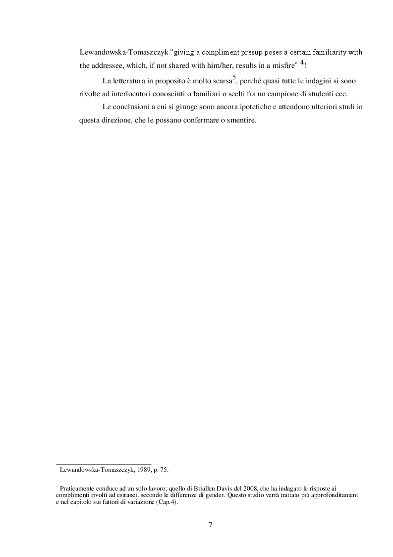 Anteprima della tesi: ''Mi scusi...sa che ha degli occhi bellissimi?'' La pragmatica del complimento rivolto ad estranei., Pagina 4