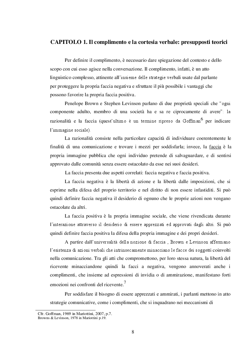 Anteprima della tesi: ''Mi scusi...sa che ha degli occhi bellissimi?'' La pragmatica del complimento rivolto ad estranei., Pagina 5