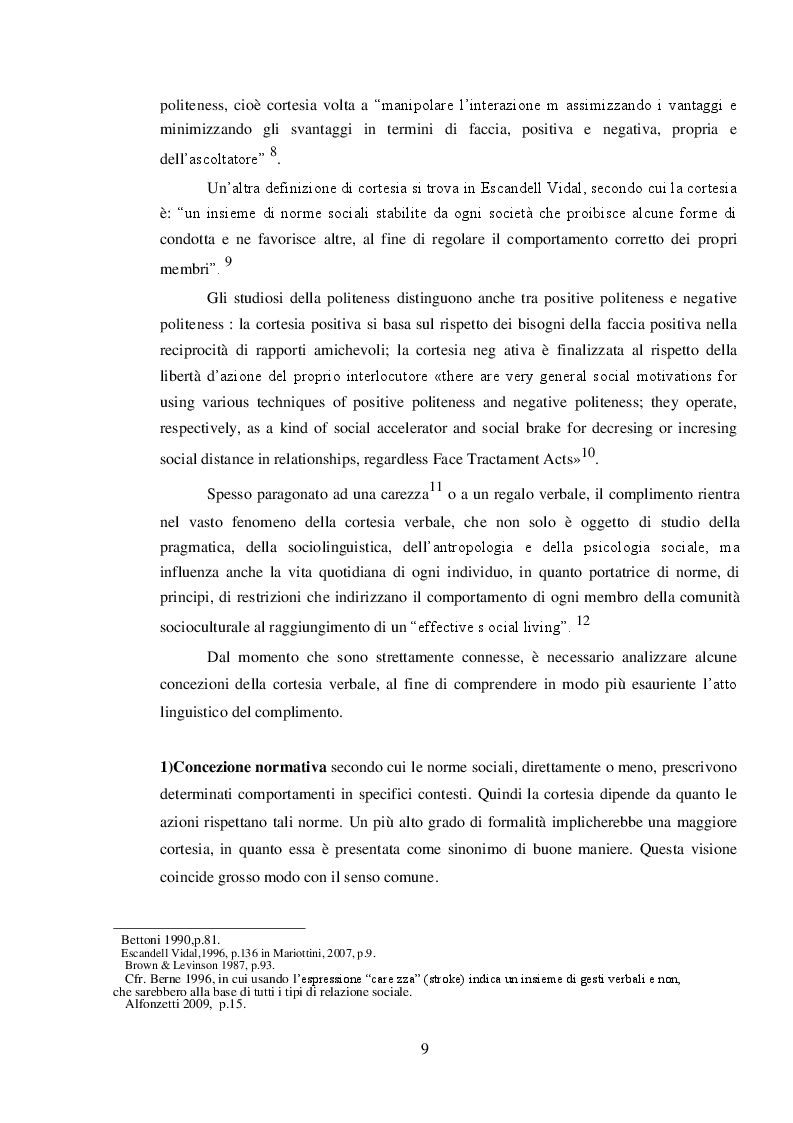 Anteprima della tesi: ''Mi scusi...sa che ha degli occhi bellissimi?'' La pragmatica del complimento rivolto ad estranei., Pagina 6