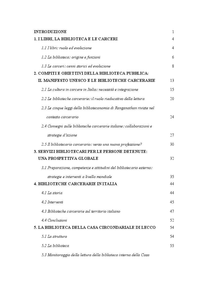 Indice della tesi: Biblioteche carcerarie tra cultura e reinserimento: la biblioteca della casa circondariale di Lecco, Pagina 1