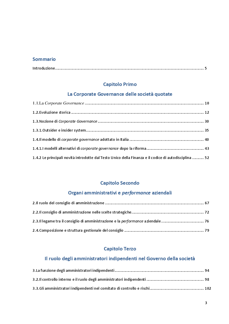 Indice della tesi: Struttura e modelli della corporate governance nelle società quotate: il ruolo degli amministratori indipendenti, Pagina 1
