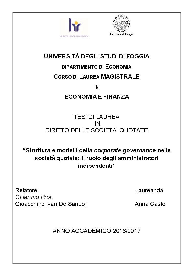 Anteprima della tesi: Struttura e modelli della corporate governance nelle società quotate: il ruolo degli amministratori indipendenti, Pagina 1