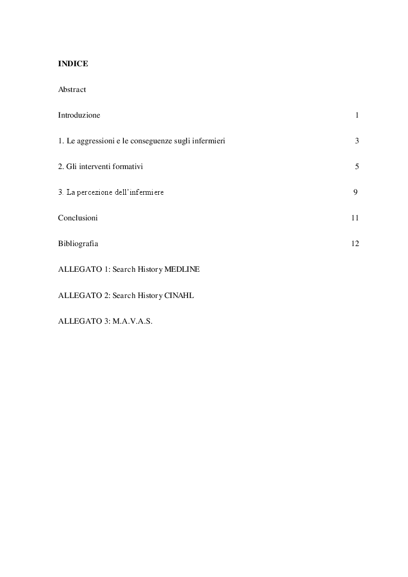 Indice della tesi: Interventi formativi rivolti agli infermieri per la prevenzione dei comportamenti aggressivi della persona assistita in pronto soccorso, Pagina 1