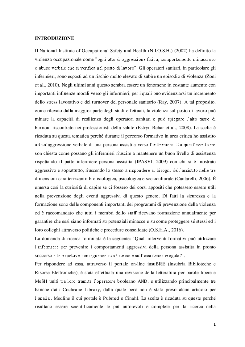 Anteprima della tesi: Interventi formativi rivolti agli infermieri per la prevenzione dei comportamenti aggressivi della persona assistita in pronto soccorso, Pagina 3