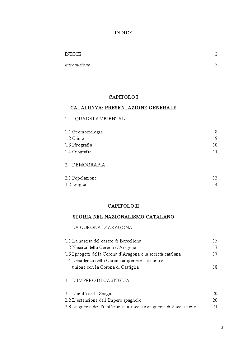 Indice della tesi: Catalogna: indipendenza possibile o sogno irrealizzabile?, Pagina 1