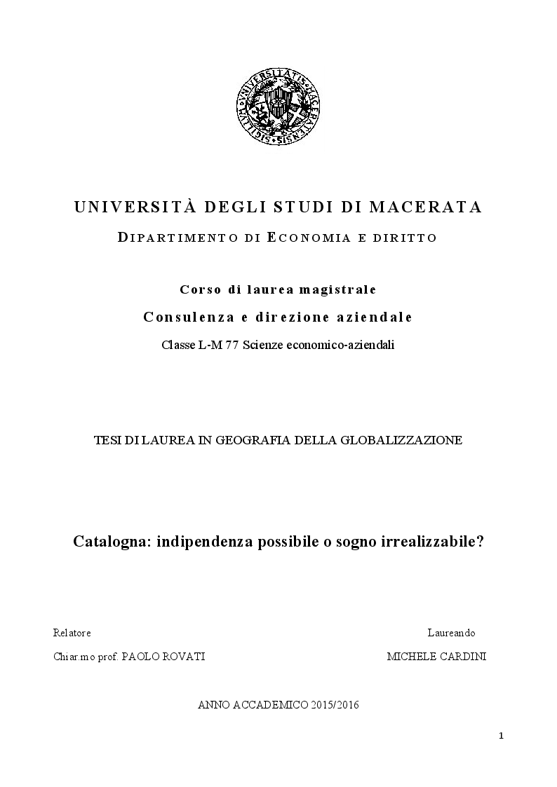 Anteprima della tesi: Catalogna: indipendenza possibile o sogno irrealizzabile?, Pagina 1