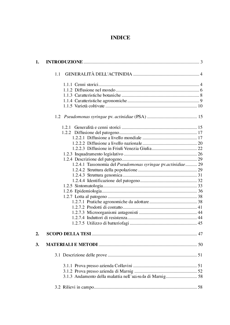 Indice della tesi: Strategie innovative per il contenimento di Pseudomonas syringae pv.actinidiae, Pagina 1