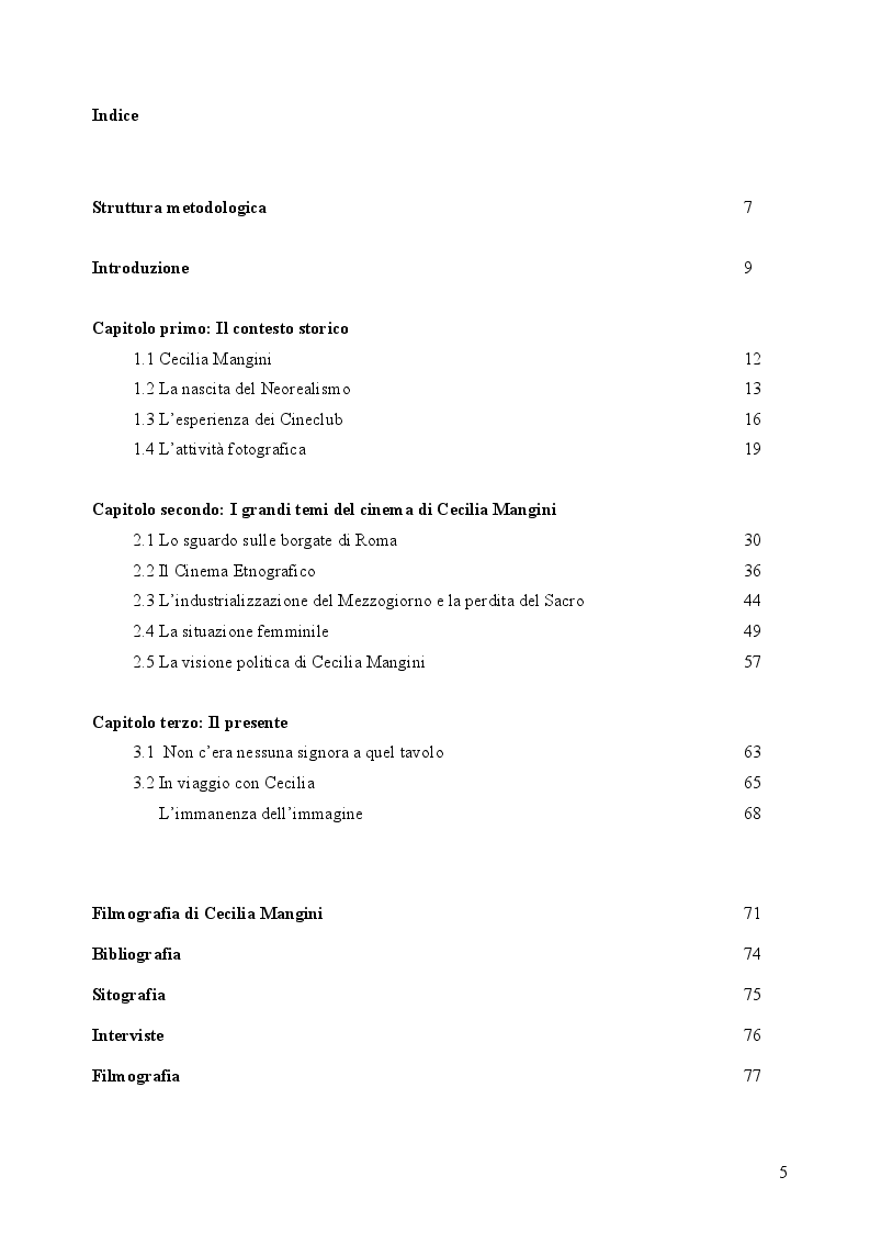 Indice della tesi: L'immanenza dell'immagine nell'opera documentaria della regista Cecilia Mangini, Pagina 1