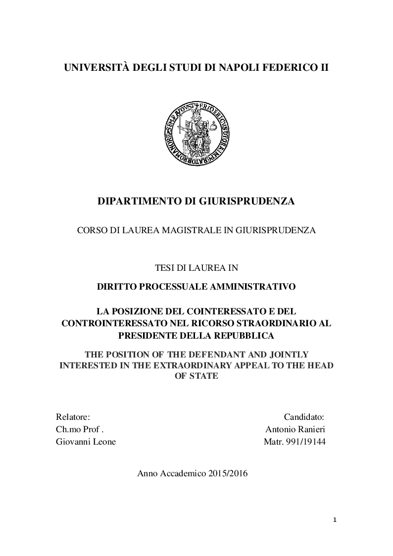 Anteprima della tesi: La posizione del cointeressato e del controinteressato nel ricorso straordinario al Presidente della Repubblica, Pagina 1
