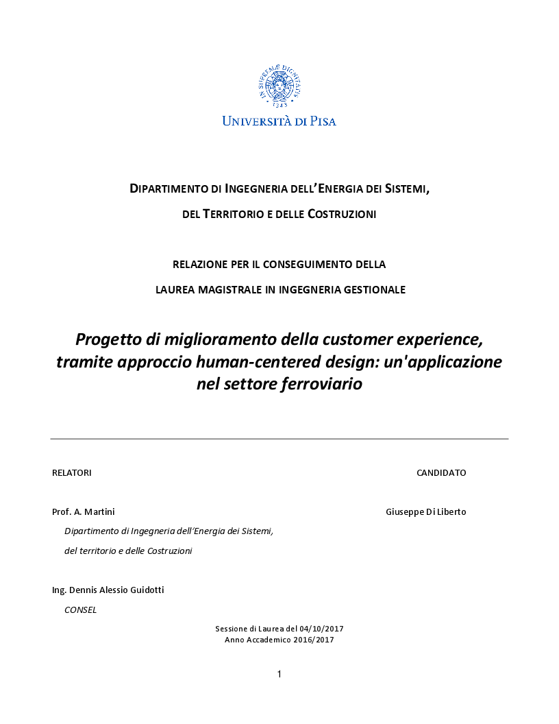 Anteprima della tesi: Progetto di miglioramento della customer experience, tramite approccio human-centered design: un'applicazione nel settore ferroviario., Pagina 1