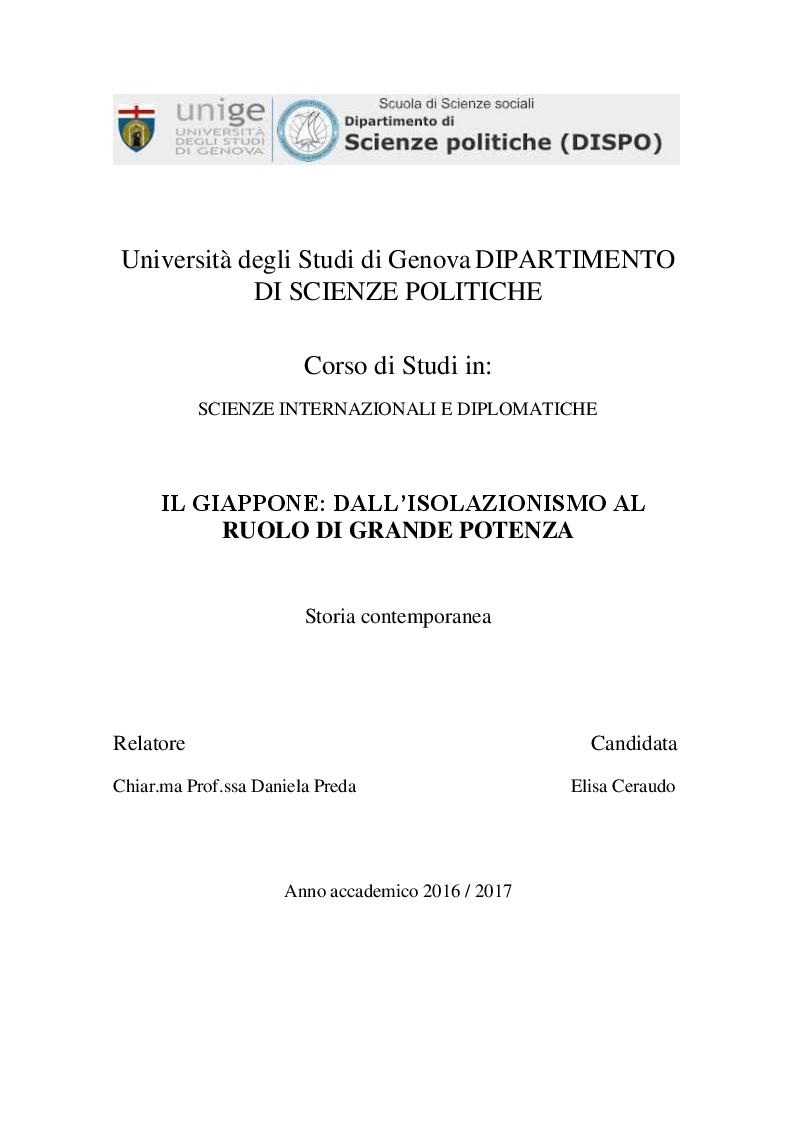 Anteprima della tesi: Il Giappone: dall'isolazionismo al ruolo di grande potenza, Pagina 1