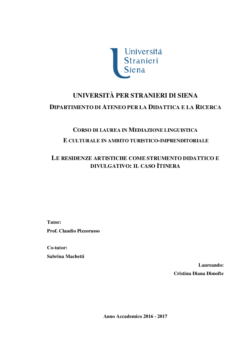 Anteprima della tesi: Le residenze artistiche come strumento didattico e divulgativo: il caso Itinera, Pagina 1