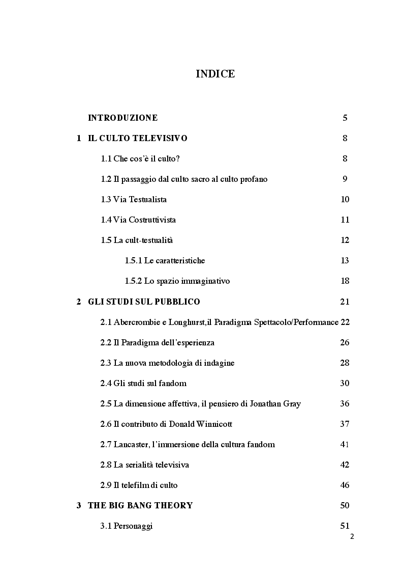 Indice della tesi: Il culto televisivo e il fenomeno del fandom. Il caso di The Big Bang Theory., Pagina 1