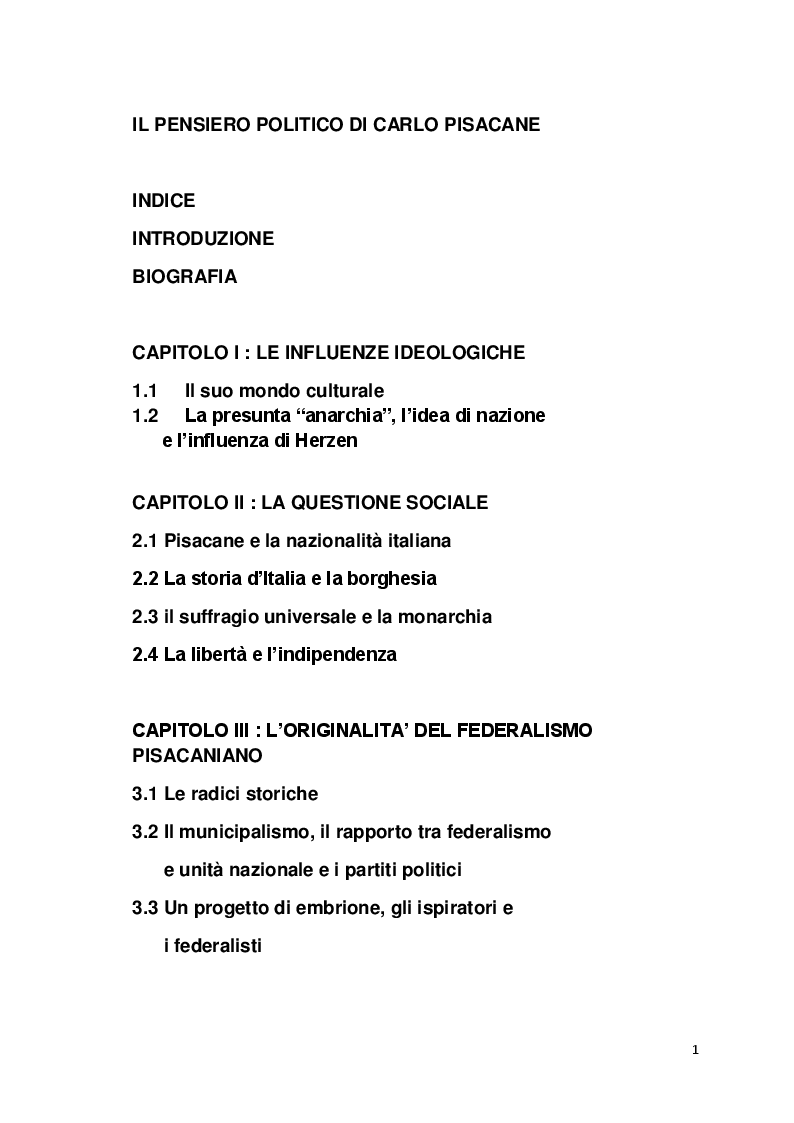 Indice della tesi: Il pensiero politico di Carlo Pisacane, Pagina 1