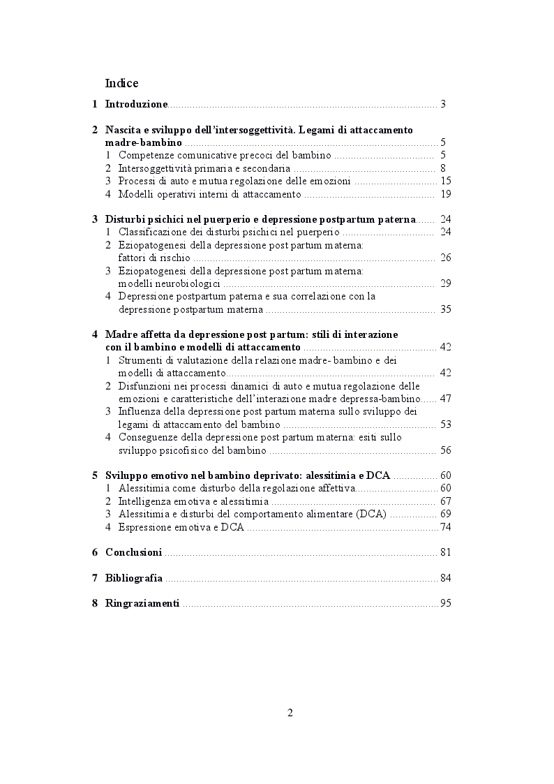 Indice della tesi: Depressione post partum materna e paterna : esiti sullo sviluppo emotivo-adattivo del bambino., Pagina 1