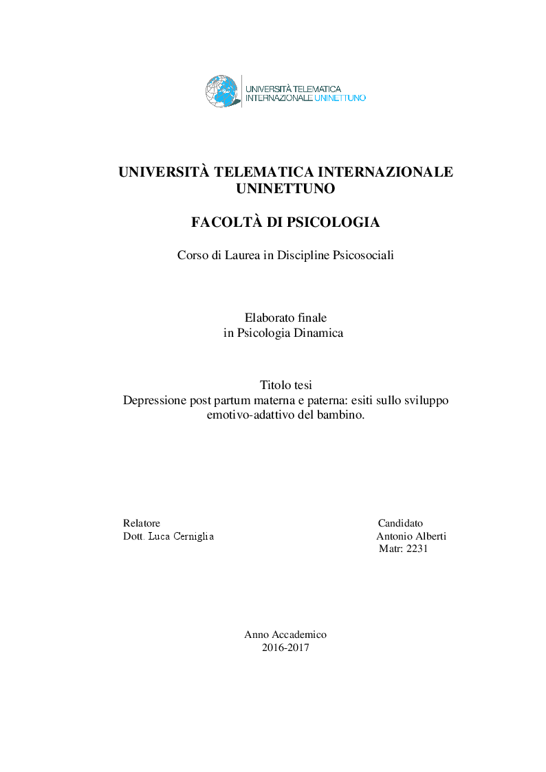 Anteprima della tesi: Depressione post partum materna e paterna : esiti sullo sviluppo emotivo-adattivo del bambino., Pagina 1