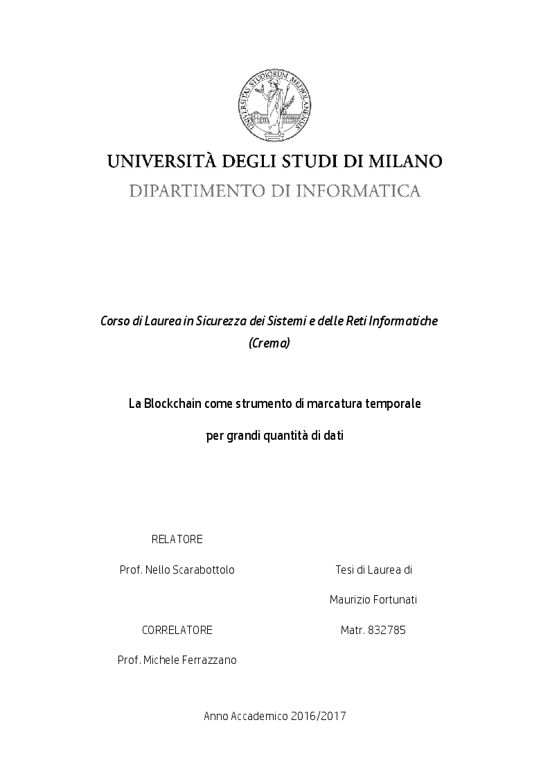 Anteprima della tesi: La Blockchain come strumento di marcatura temporale per grandi quantità di dati, Pagina 1