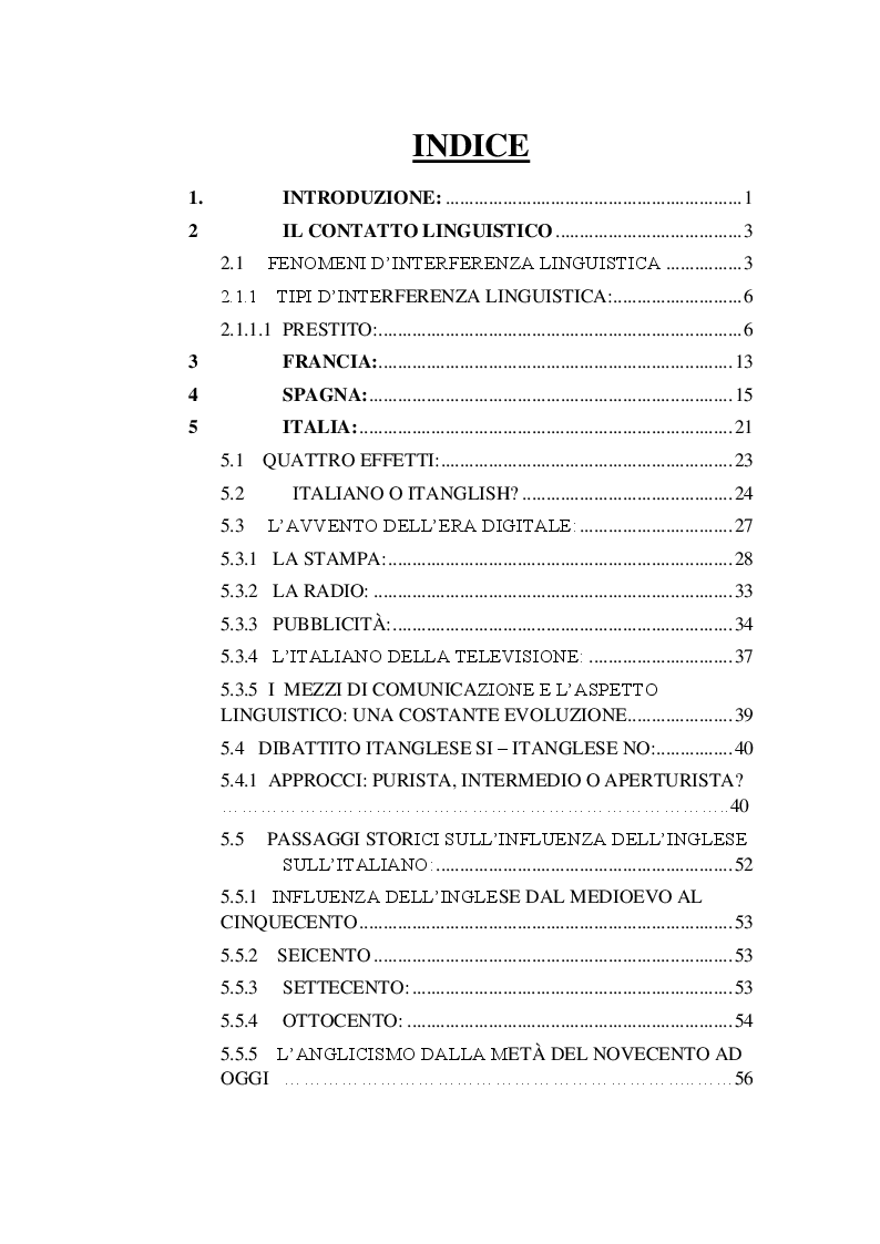 Indice della tesi: Gli anglicismi nella lingua italiana, Pagina 1