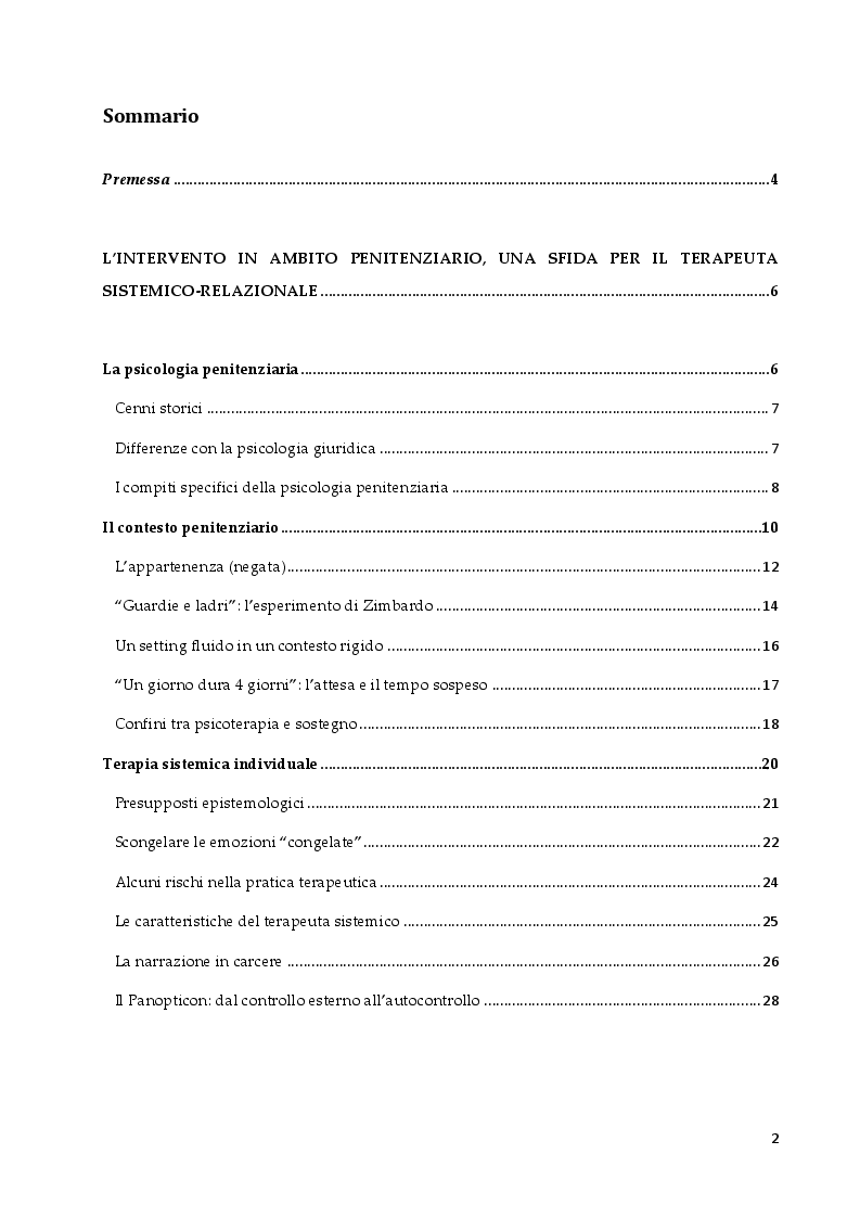 Indice della tesi: L'intervento in ambito penitenziario: una sfida per il terapeuta sistemico relazionale, Pagina 1