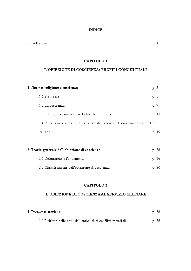 Indice della tesi: Dalla leva militare all'aborto. Profili teorici e problemi applicativi del diritto l'obiezione di coscienza, Pagina 1
