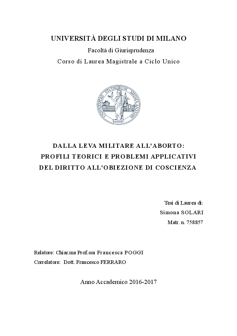 Anteprima della tesi: Dalla leva militare all'aborto. Profili teorici e problemi applicativi del diritto l'obiezione di coscienza, Pagina 1