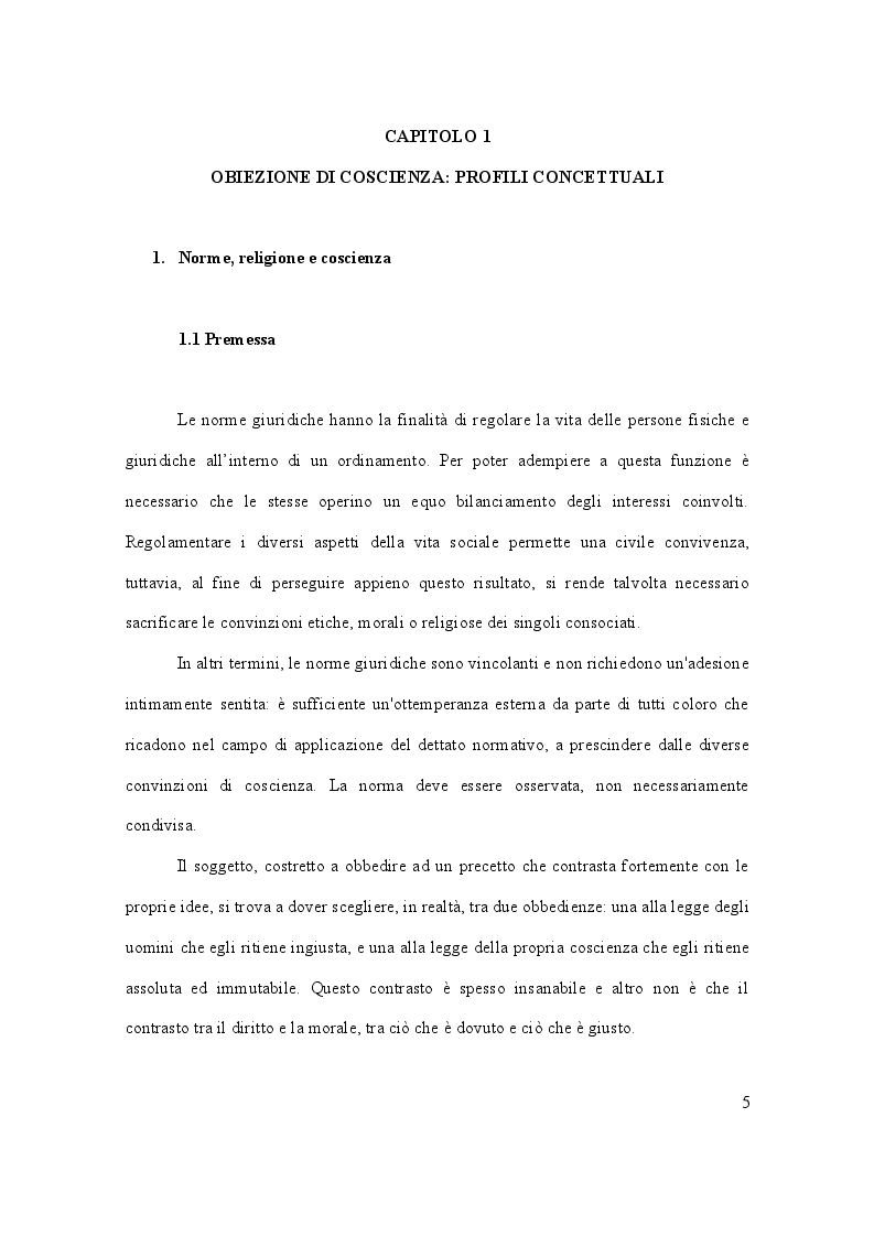 Anteprima della tesi: Dalla leva militare all'aborto. Profili teorici e problemi applicativi del diritto l'obiezione di coscienza, Pagina 6