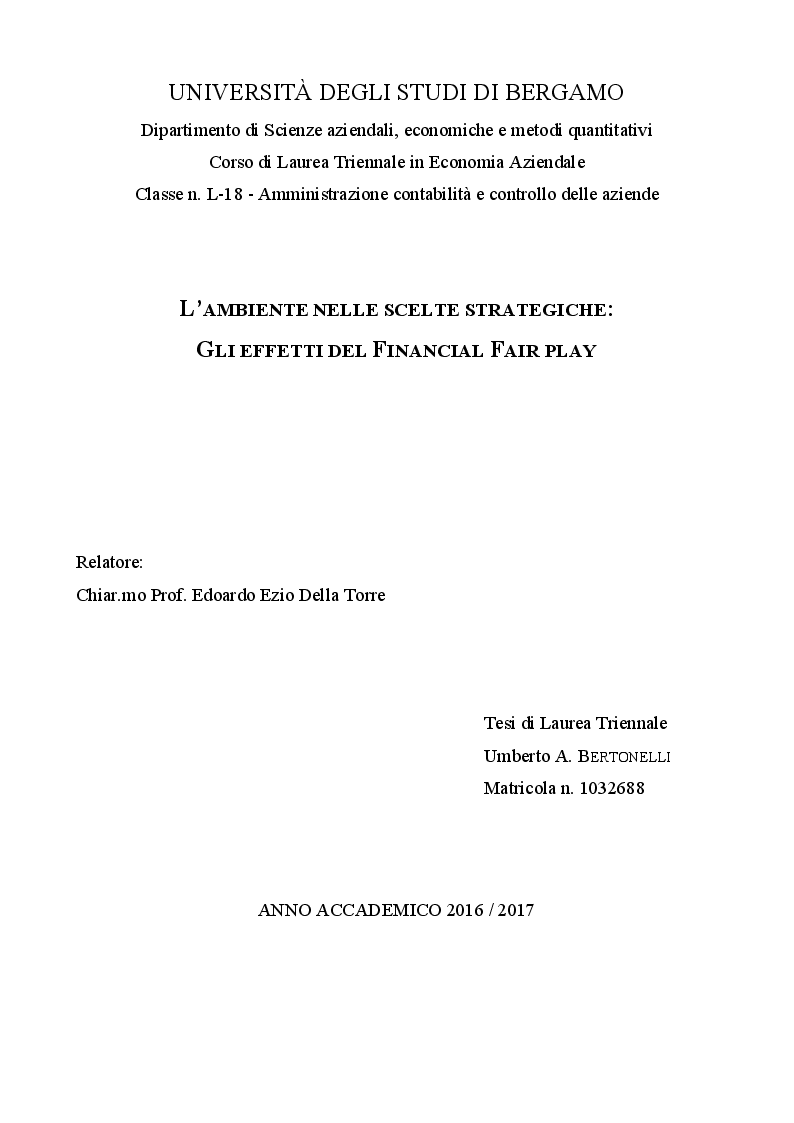 Anteprima della tesi: L'ambiente nelle strategie aziendali: gli effetti del Financial Fair Play, Pagina 1