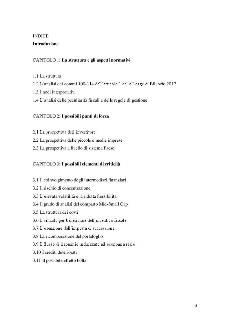 Indice della tesi: I Piani Individuali di Risparmio (PIR) : profili normativi, operativi e finanziari, Pagina 1