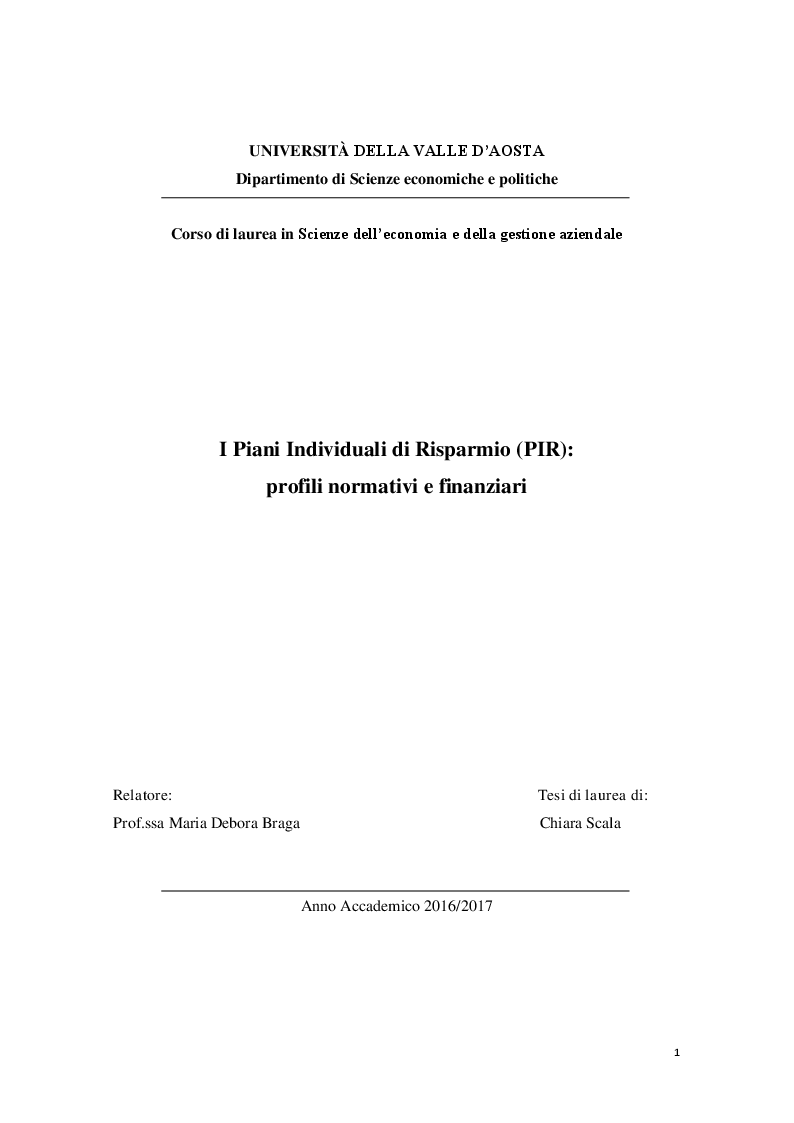 Anteprima della tesi: I Piani Individuali di Risparmio (PIR) : profili normativi, operativi e finanziari, Pagina 1
