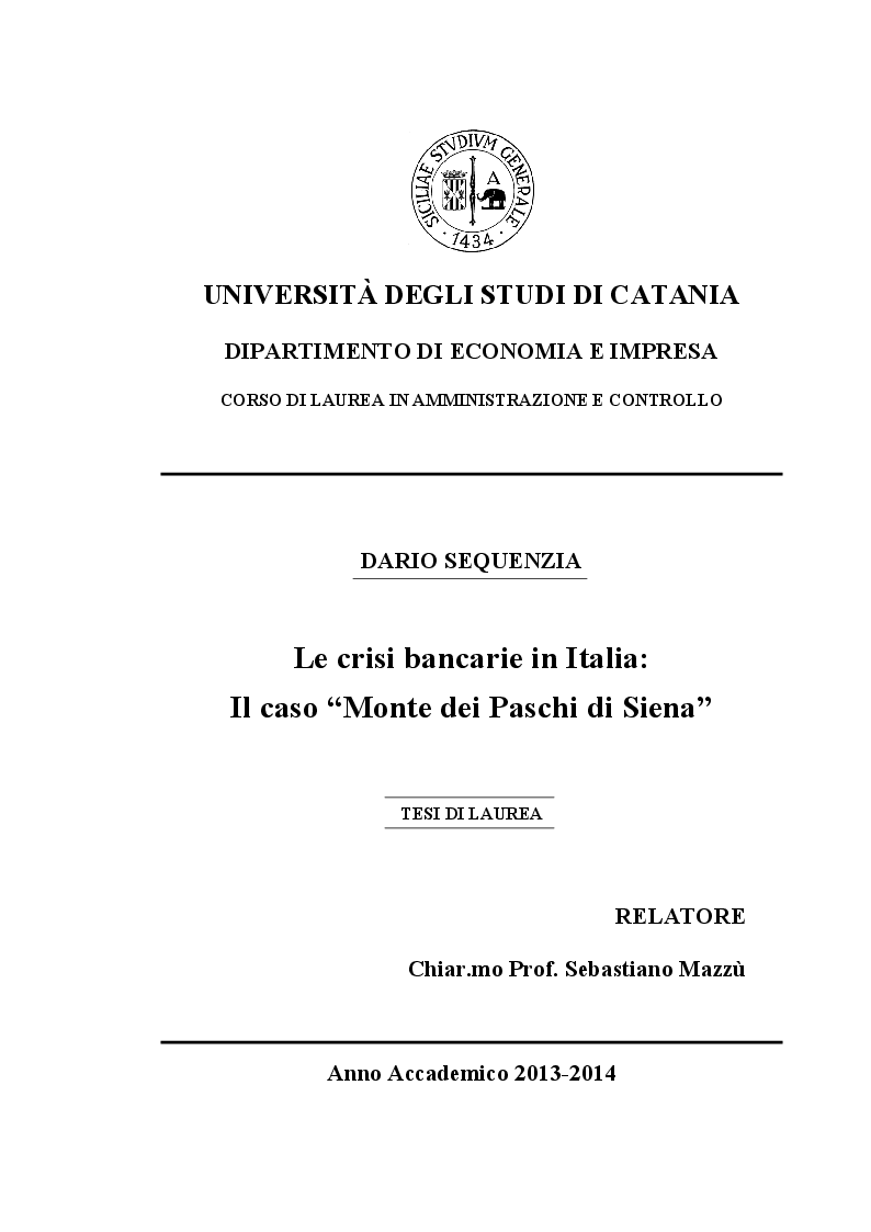 Anteprima della tesi: Le crisi bancarie in Italia - Il caso Monte dei Paschi di Siena, Pagina 1
