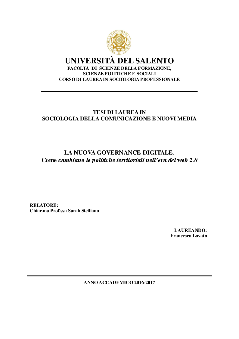 Anteprima della tesi: La nuova governance digitale. Come cambiano le politiche territoriali nell'era del web 2.0., Pagina 1